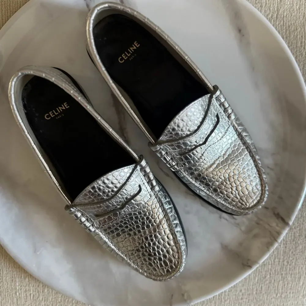 Celine X Hedi Slimane Luco Croc Embossed Leather Loafers Moccasin Silver